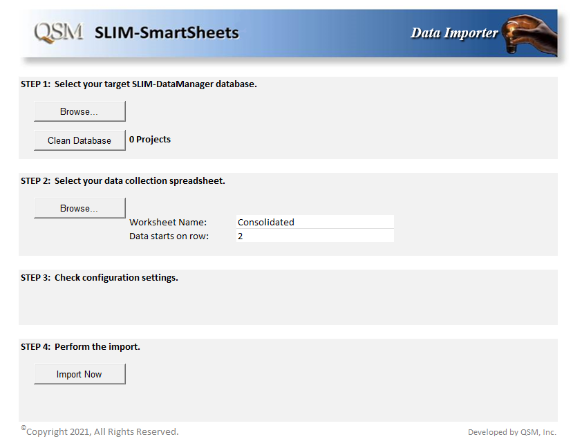 Spreadsheet interface to select SLIM-DataManager file and configure data import options.