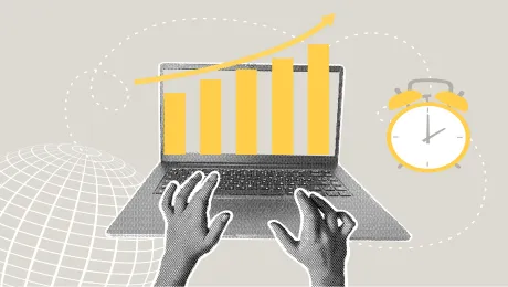 Two hands typing on black and white laptop with yellow graphs 
