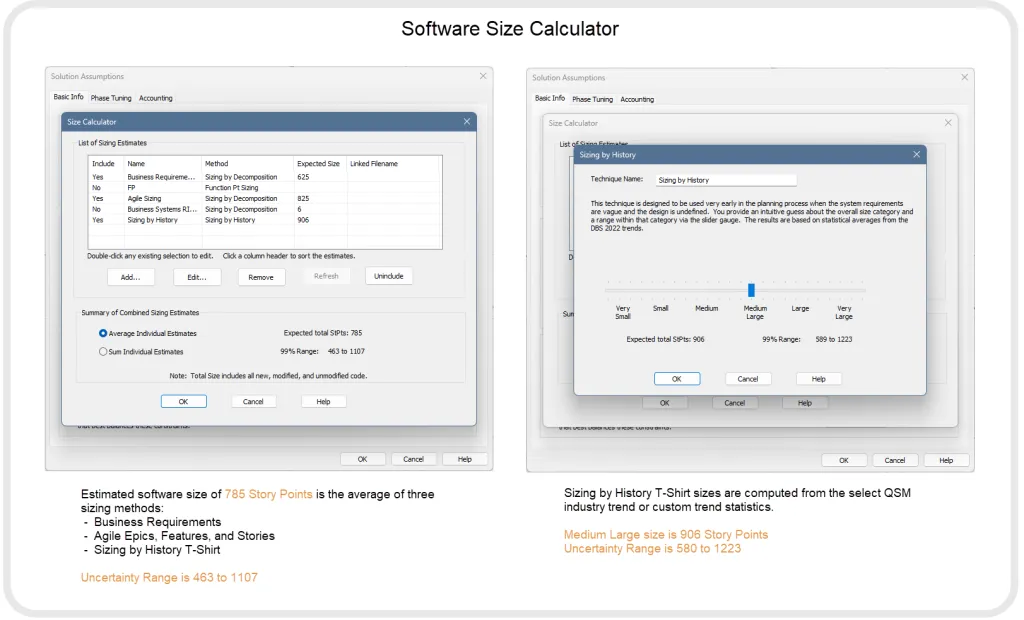 Software Size Estimate Calculator that uses multiple function units and T-shirt sizing